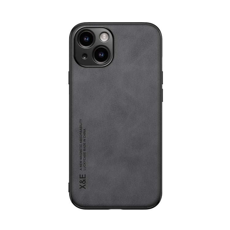 For iPhone 15 Plus Skin Feel Magnetic Leather Back Phone Case(Dark Grey)