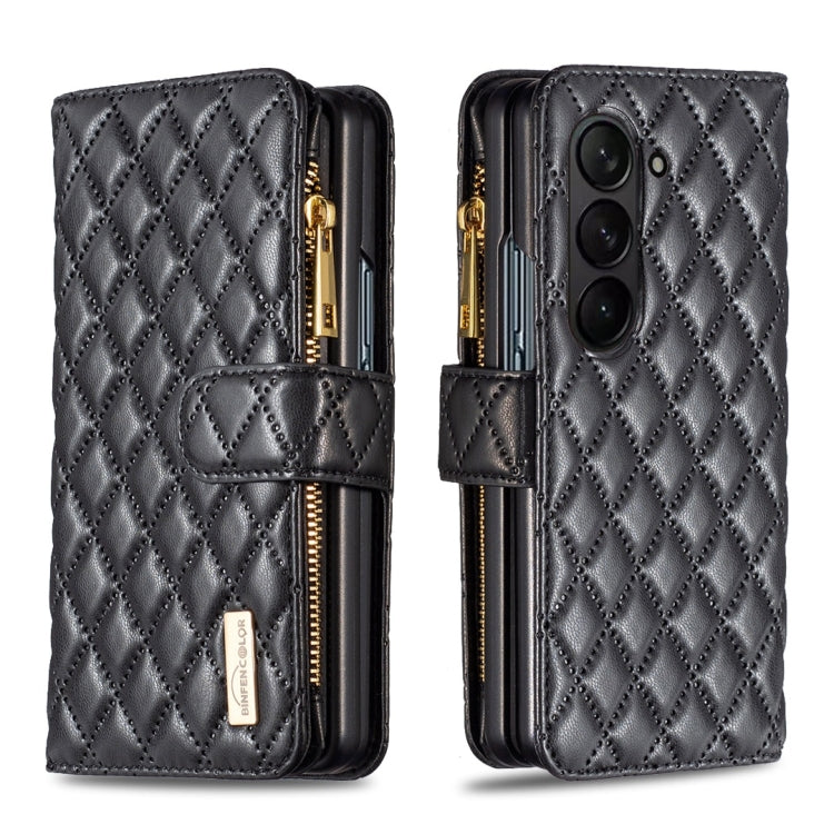 For Samsung Galaxy Z Fold5 Diamond Lattice Zipper Wallet Leather Flip Phone Case(Black)