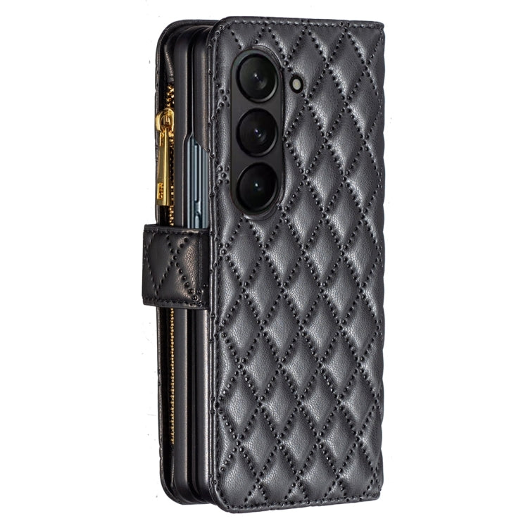 For Samsung Galaxy Z Fold5 Diamond Lattice Zipper Wallet Leather Flip Phone Case(Black)