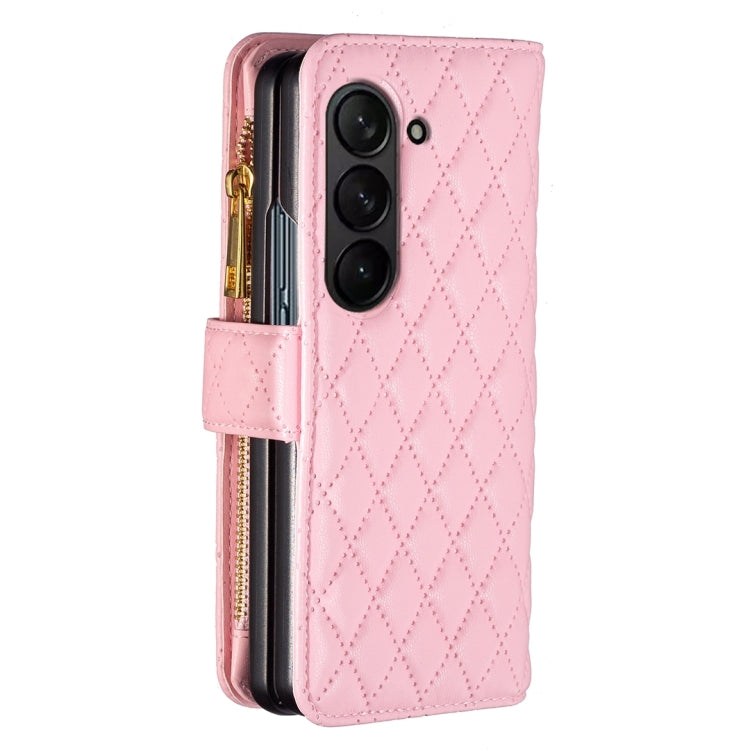 For Samsung Galaxy Z Fold5 Diamond Lattice Zipper Wallet Leather Flip Phone Case(Pink)