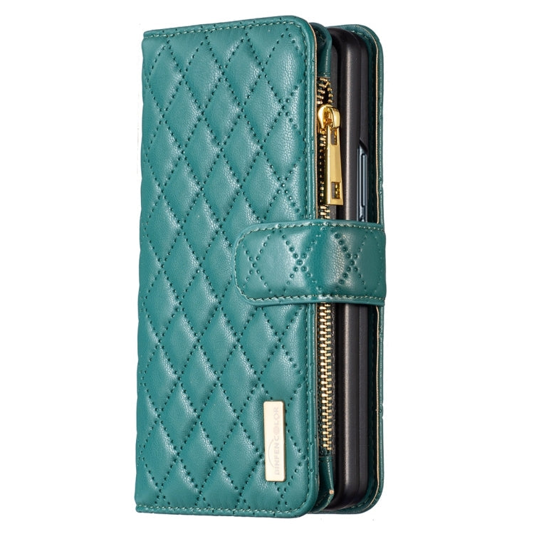 For Samsung Galaxy Z Fold5 Diamond Lattice Zipper Wallet Leather Flip Phone Case(Green)