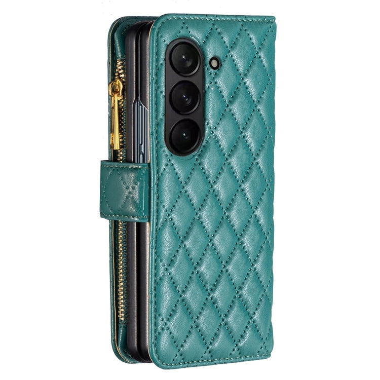 For Samsung Galaxy Z Fold5 Diamond Lattice Zipper Wallet Leather Flip Phone Case(Green)