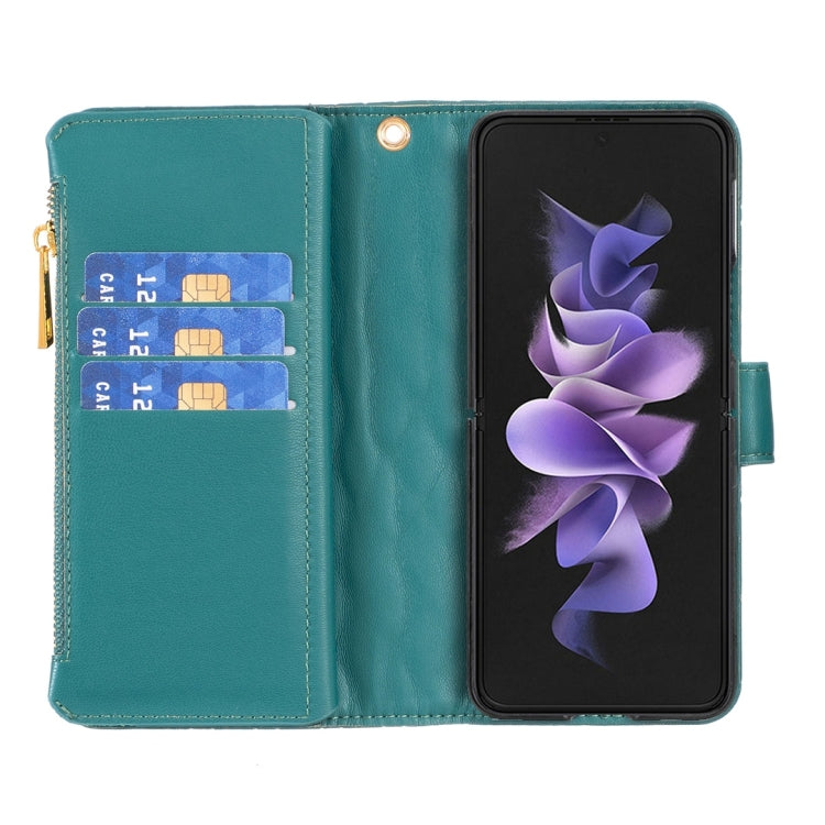 For Samsung Galaxy Z Fold5 Diamond Lattice Zipper Wallet Leather Flip Phone Case(Green)