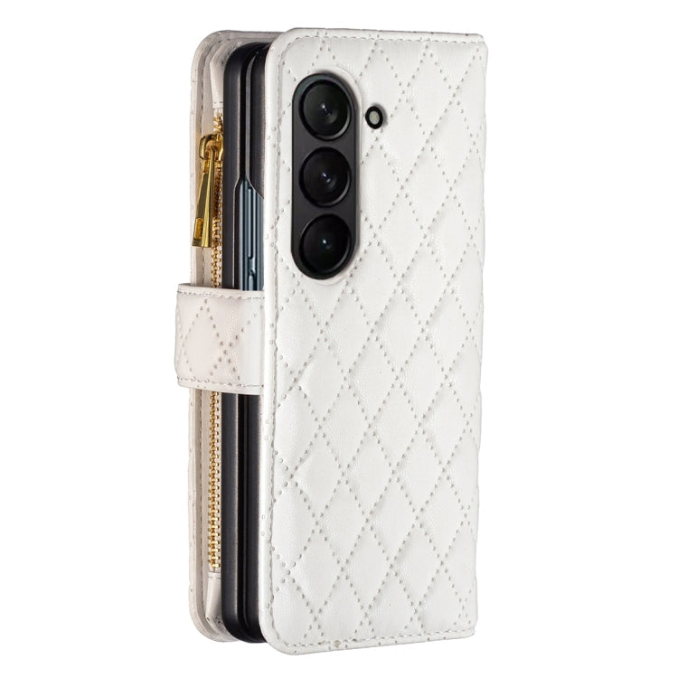 For Samsung Galaxy Z Fold5 Diamond Lattice Zipper Wallet Leather Flip Phone Case(White)