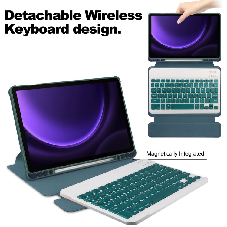 For Samsung Galaxy Tab S9 FE 360 Rotation Transparent Smart Leather Case with Keyboard(Dark Green)