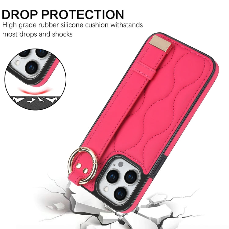 For iPhone 13 Pro Non-slip Full Coverage Ring PU Phone Case with Wristband(Rose Red)