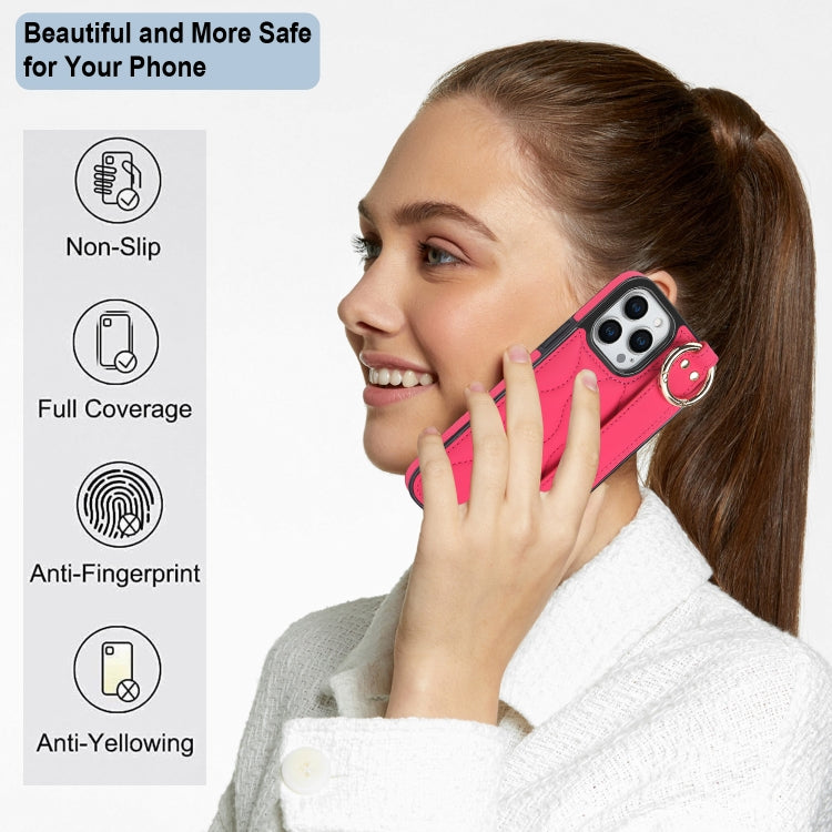 For iPhone 13 Pro Non-slip Full Coverage Ring PU Phone Case with Wristband(Rose Red)