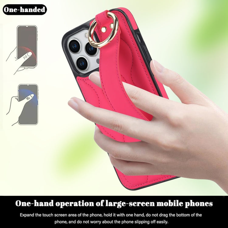 For iPhone 13 Pro Non-slip Full Coverage Ring PU Phone Case with Wristband(Rose Red)