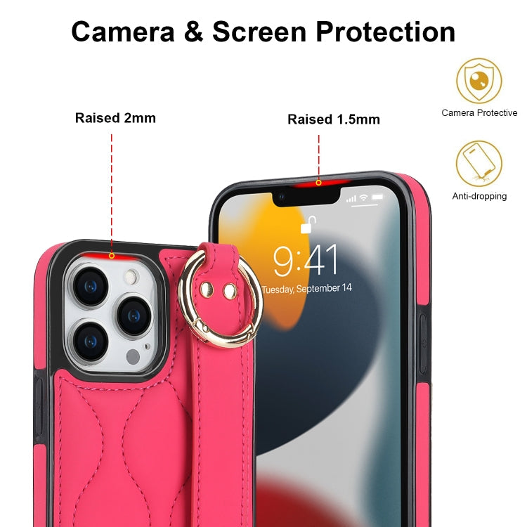 For iPhone 13 Pro Max Non-slip Full Coverage Ring PU Phone Case with Wristband(Rose Red)