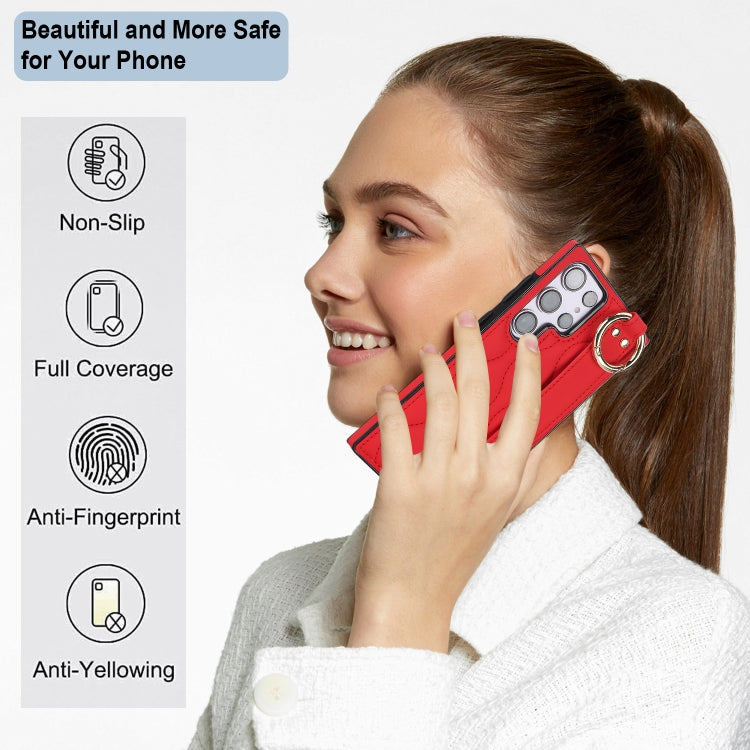 For Samsung Galaxy S23 Ultra Non-slip Full Coverage Ring PU Phone Case with Wristband(Red)