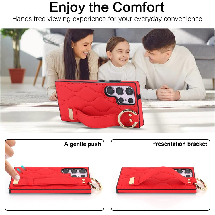For Samsung Galaxy S23 Ultra Non-slip Full Coverage Ring PU Phone Case with Wristband(Red)