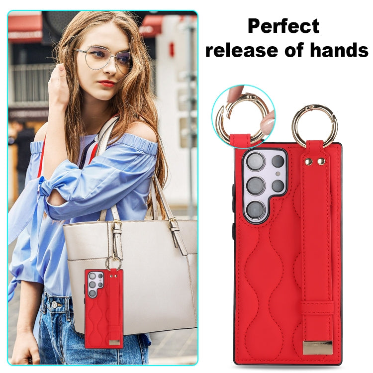 For Samsung Galaxy S23 Ultra Non-slip Full Coverage Ring PU Phone Case with Wristband(Red)
