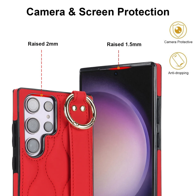 For Samsung Galaxy S23 Ultra Non-slip Full Coverage Ring PU Phone Case with Wristband(Red)