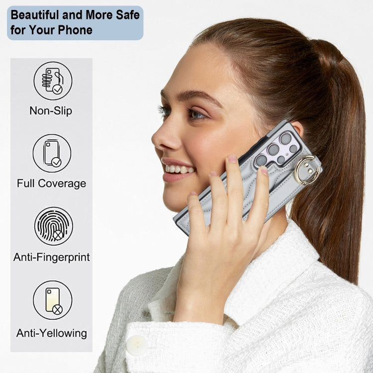 For Samsung Galaxy S23 Ultra Non-slip Full Coverage Ring PU Phone Case with Wristband(Silver)