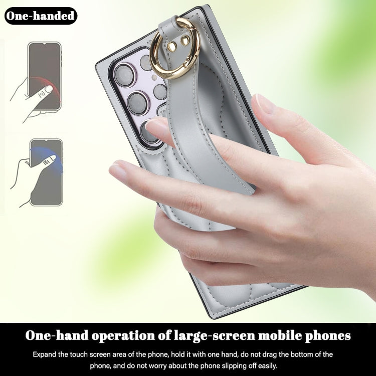 For Samsung Galaxy S23 Ultra Non-slip Full Coverage Ring PU Phone Case with Wristband(Silver)
