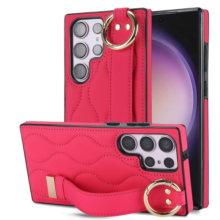For Samsung Galaxy S23 Ultra Non-slip Full Coverage Ring PU Phone Case with Wristband(Rose Red)