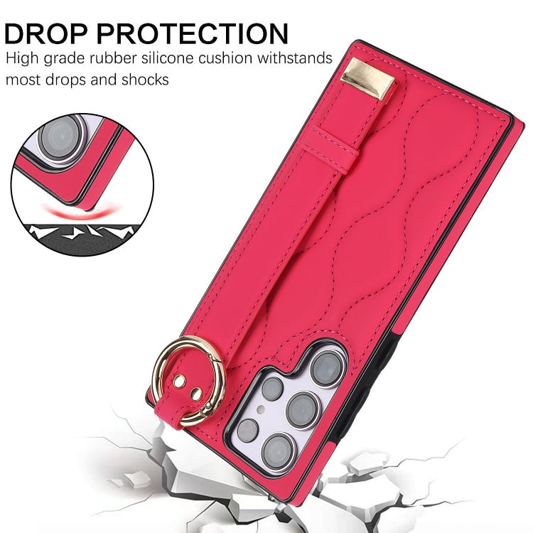 For Samsung Galaxy S23 Ultra Non-slip Full Coverage Ring PU Phone Case with Wristband(Rose Red)