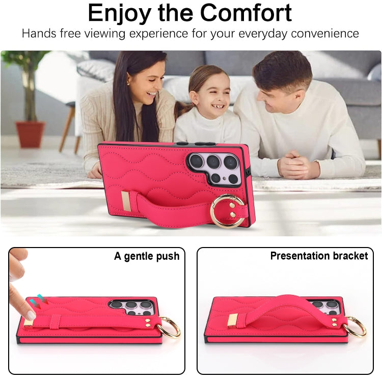 For Samsung Galaxy S23 Ultra Non-slip Full Coverage Ring PU Phone Case with Wristband(Rose Red)