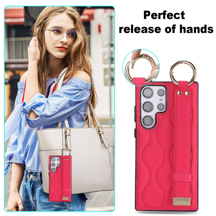 For Samsung Galaxy S23 Ultra Non-slip Full Coverage Ring PU Phone Case with Wristband(Rose Red)