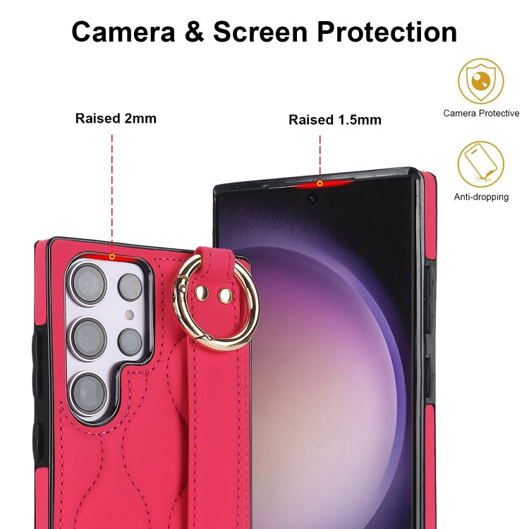 For Samsung Galaxy S23 Ultra Non-slip Full Coverage Ring PU Phone Case with Wristband(Rose Red)