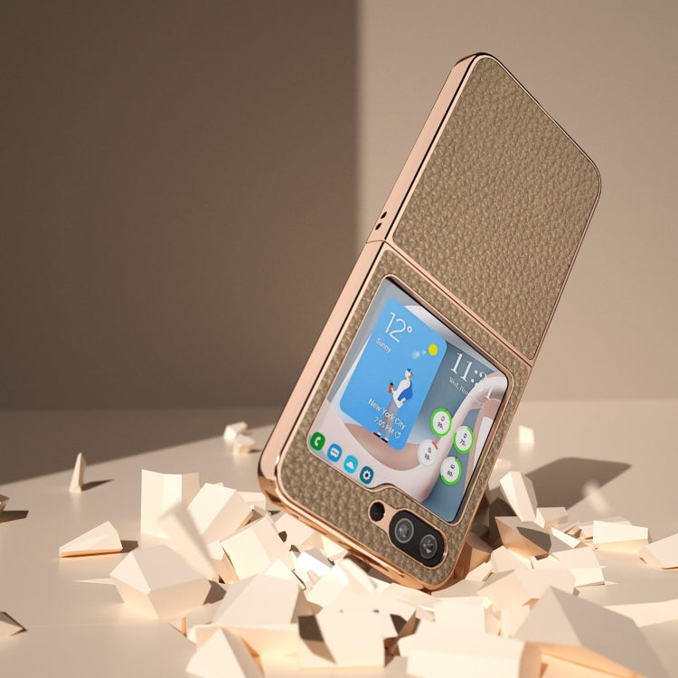 For Samsung Galaxy Z Flip5 Nano Electroplating Genuine Leather Litchi Texture Phone Case(Grey)