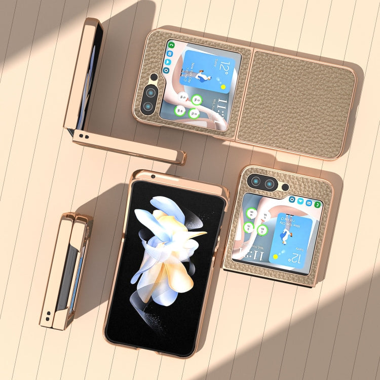 For Samsung Galaxy Z Flip5 Nano Electroplating Genuine Leather Litchi Texture Phone Case(Grey)