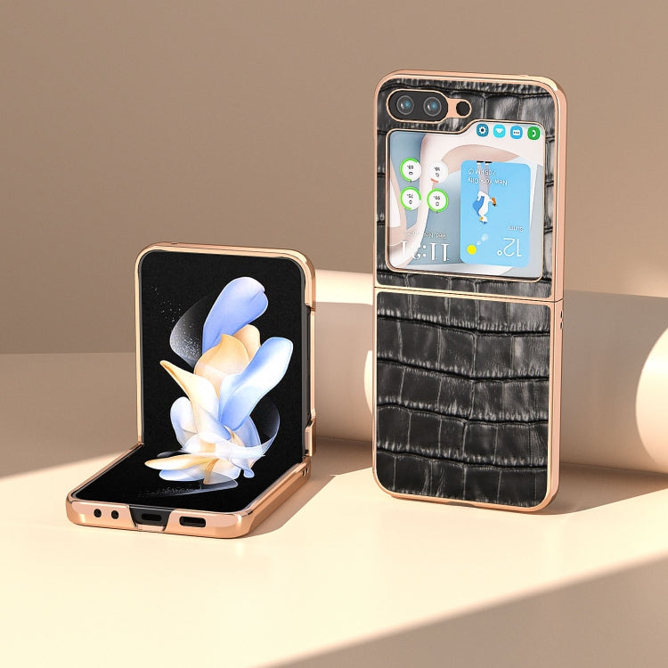 For Samsung Galaxy Z Flip5 Crocodile Texture Genuine Leather Electroplating Phone Case(Black)