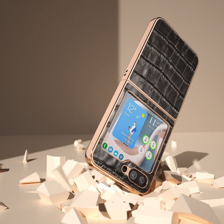 For Samsung Galaxy Z Flip5 Crocodile Texture Genuine Leather Electroplating Phone Case(Black)