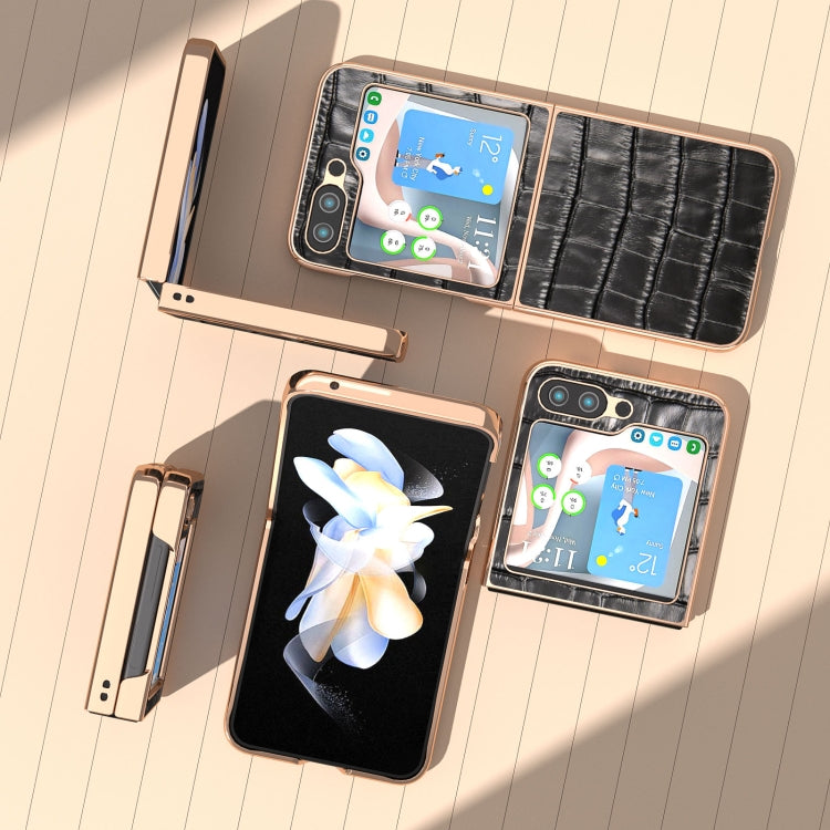 For Samsung Galaxy Z Flip5 Crocodile Texture Genuine Leather Electroplating Phone Case(Black)