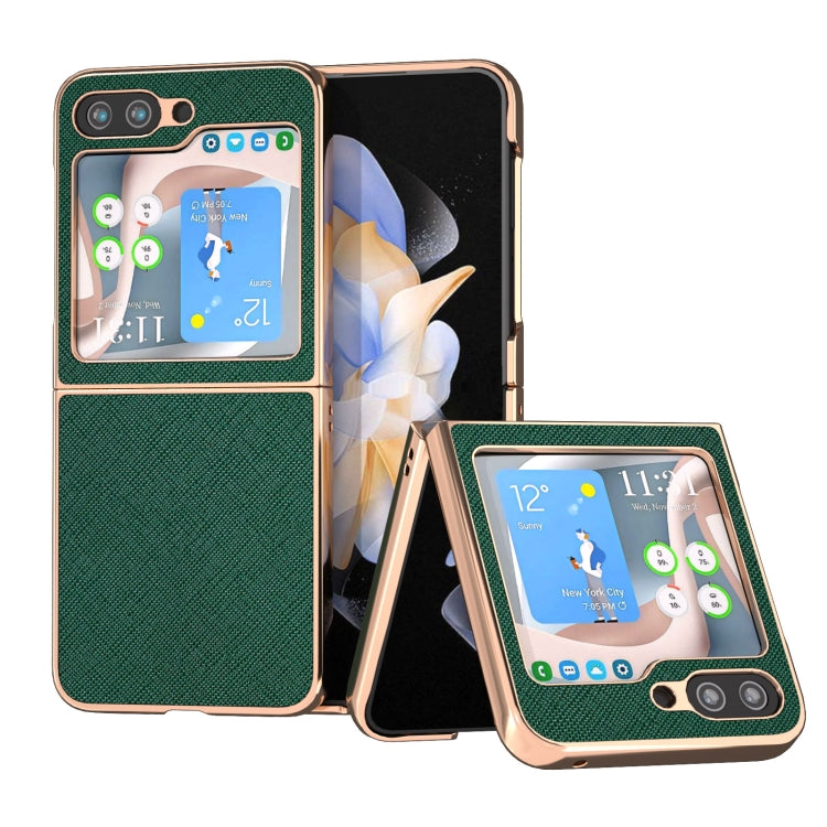 For Samsung Galaxy Z Flip5 Nano Electroplating Cross Texture Genuine Leather Phone Case(Green)