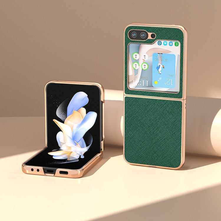 For Samsung Galaxy Z Flip5 Nano Electroplating Cross Texture Genuine Leather Phone Case(Green)