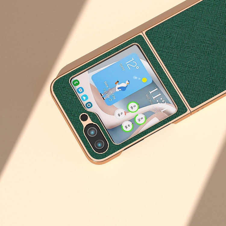 For Samsung Galaxy Z Flip5 Nano Electroplating Cross Texture Genuine Leather Phone Case(Green)