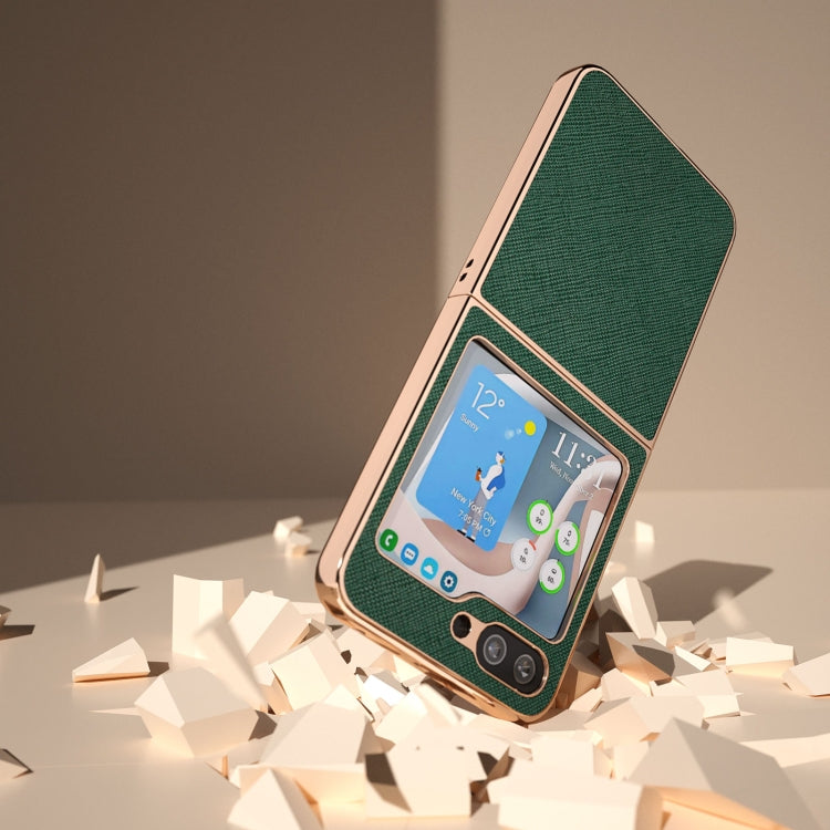For Samsung Galaxy Z Flip5 Nano Electroplating Cross Texture Genuine Leather Phone Case(Green)