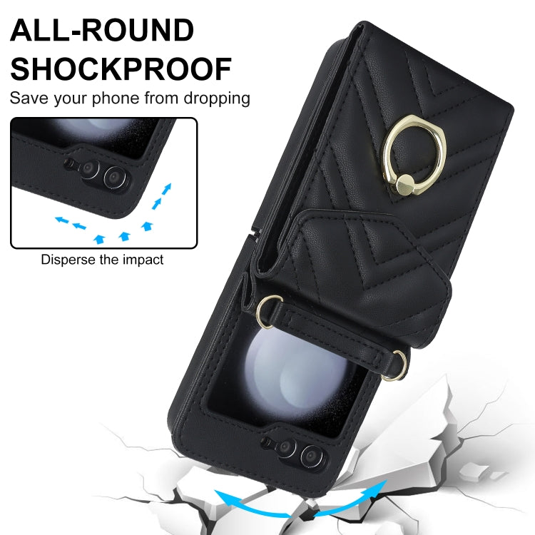 For Samsung Galaxy Z Flip5 V-shaped RFID Card Slot Phone Case with Ring Holder(Black)