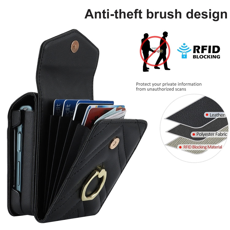 For Samsung Galaxy Z Flip5 V-shaped RFID Card Slot Phone Case with Ring Holder(Black)