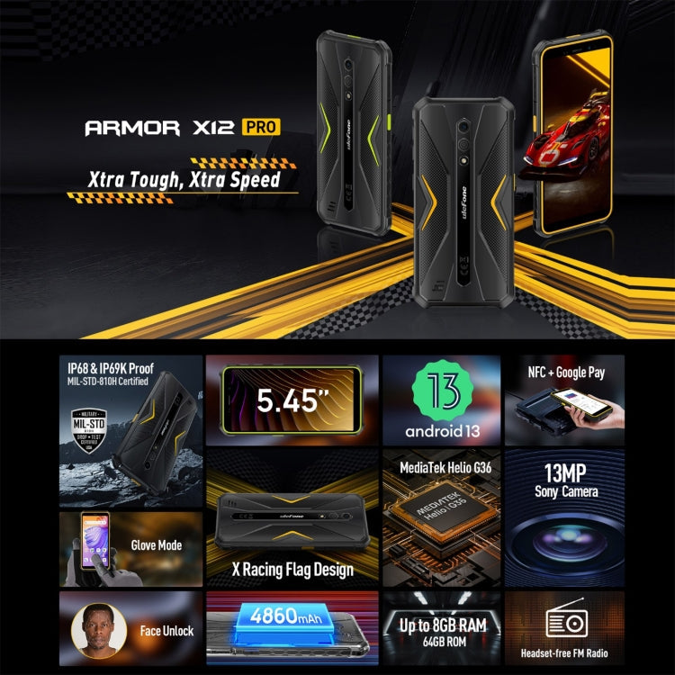Ulefone Armor X12 Pro, 4GB+64GB, IP68/IP69K Rugged Phone, 5.45 inch Android 13 MediaTek Helio G36 Octa Core, Network: 4G, NFC(Less Green)