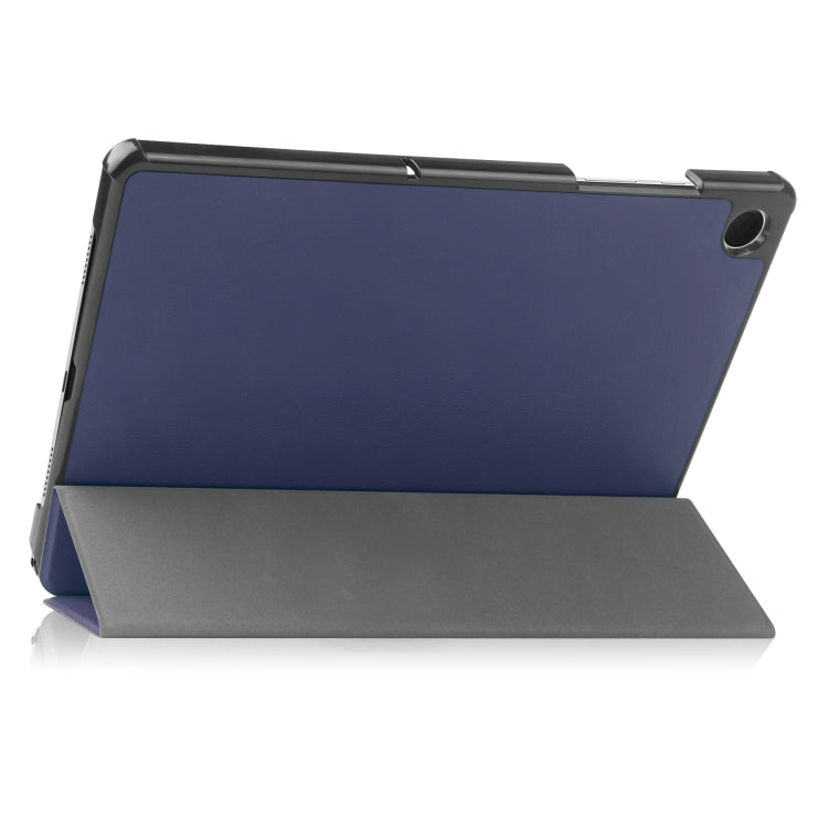 For Samsung Galaxy Tab A9 Custer Pure Color 3-Fold Holder Leather Tablet Case(Dark Blue)