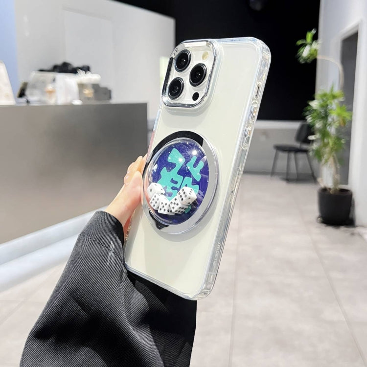 For iPhone 13 Pro Electroplated Lens Ring Transparent Phone Case(White Dice)