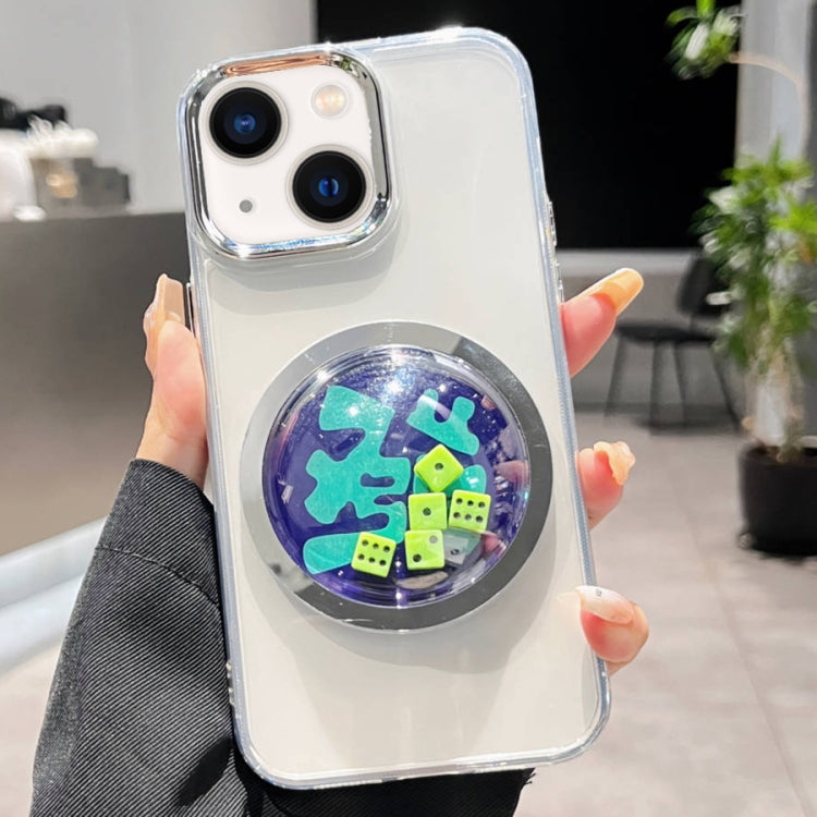 For iPhone 13 Electroplated Lens Ring Transparent Phone Case(Green Dice)