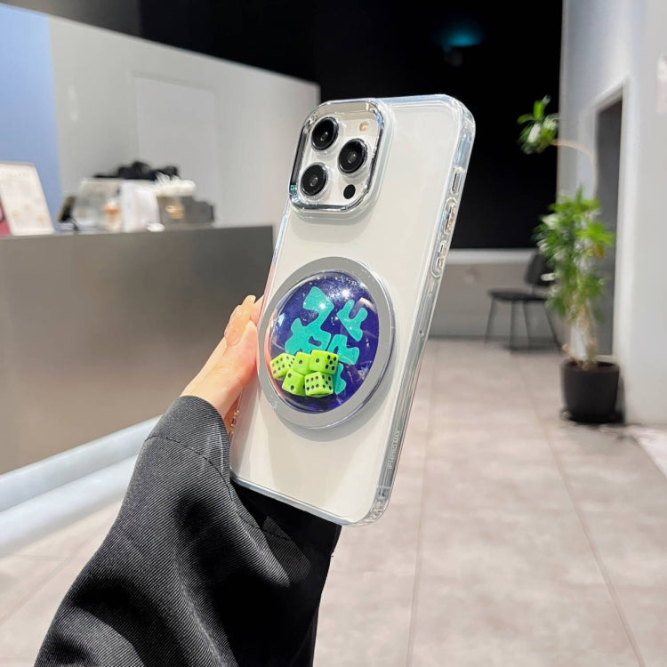 For iPhone 13 Electroplated Lens Ring Transparent Phone Case(Green Dice)