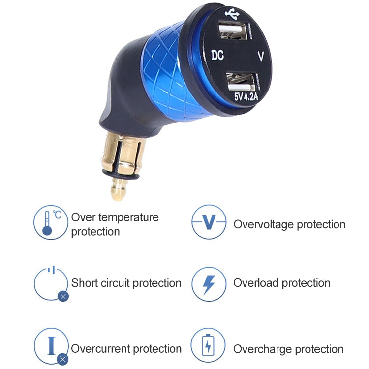 German EU Plug Special Motorcycle Elbow Charger Dual USB Voltmeter 4.2A Charger, Black, Blue, Gold