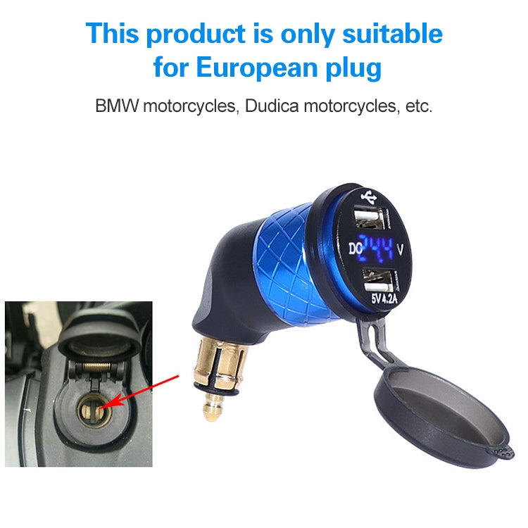 German EU Plug Special Motorcycle Elbow Charger Dual USB Voltmeter 4.2A Charger, Black, Blue, Gold