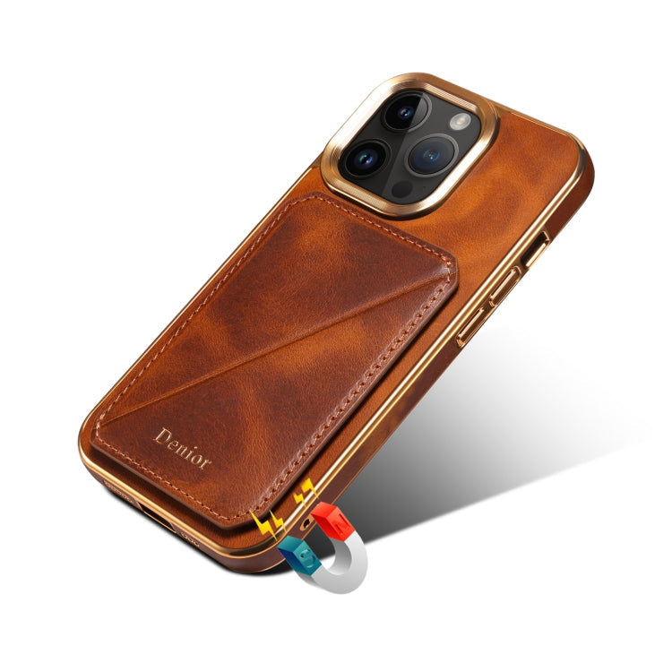 For iPhone 12 / 12 Pro Denior Oil Wax Leather Electroplating Card Slot Holder Phone Case(Brown)