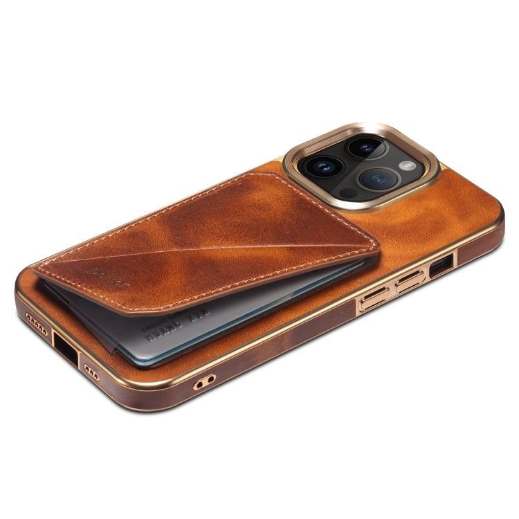 For iPhone 13 Denior Oil Wax Leather Electroplating Card Slot Holder Phone Case(Brown)