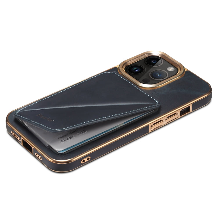 For iPhone 13 Pro Denior Oil Wax Leather Electroplating Card Slot Holder Phone Case(Blue)