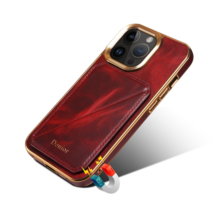 For iPhone 14 Pro Max Denior Oil Wax Leather Electroplating Card Slot Holder Phone Case(Red)