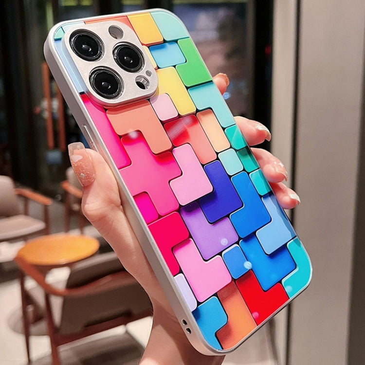 For iPhone 12 Pro Colorful Toy Bricks Pattern Shockproof Glass Phone Case(Silver)