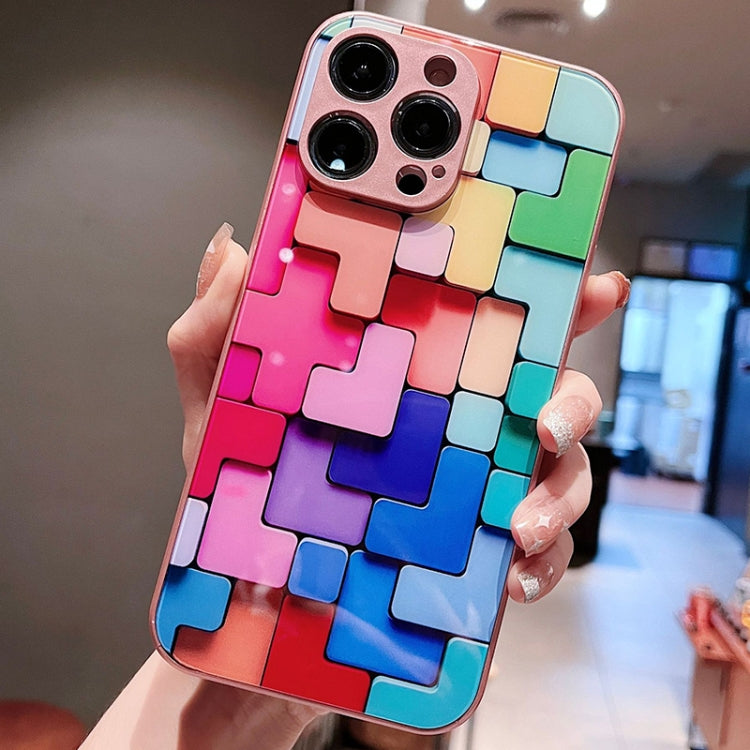 For iPhone 14 Colorful Toy Bricks Pattern Shockproof Glass Phone Case(Pink)