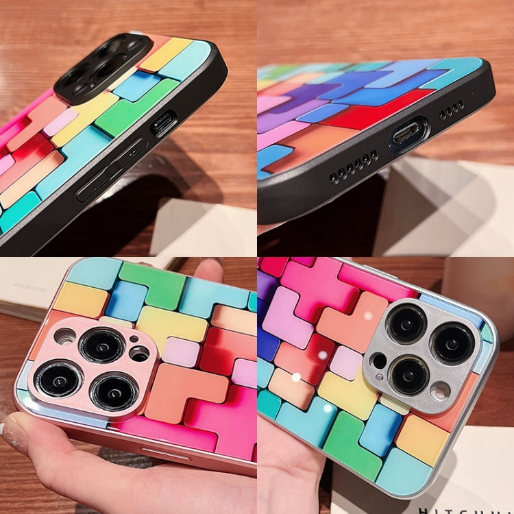 For iPhone 14 Plus Colorful Toy Bricks Pattern Shockproof Glass Phone Case(Pink)