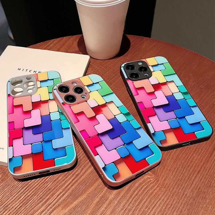 For iPhone 14 Colorful Toy Bricks Pattern Shockproof Glass Phone Case(Pink)